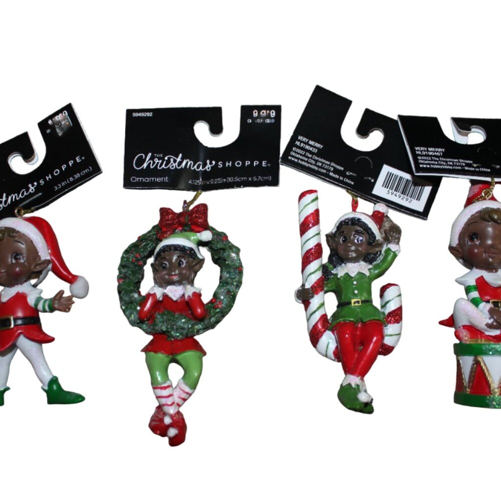 Christmas Shoppe Ornaments Very Merry Elf Candy Cane Drum Glitter Lot of 4 NWT